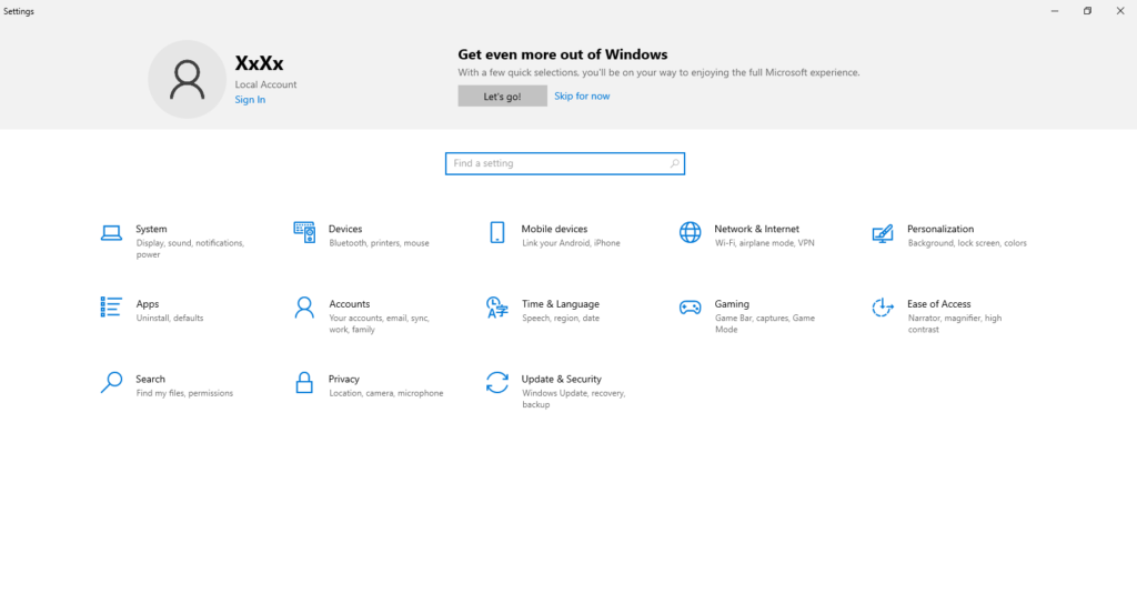 windows settings